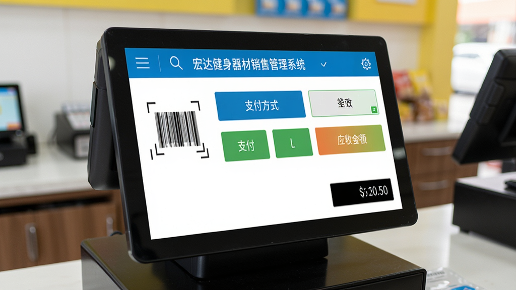 ��｡���������۹���ϵͳPOS�������棬��ʾ��Ʒɨ�衢֧����ʽѡ��Ӧ�ս�����Ϊ����̨�������࣬����ֱ�ۣ�ɫ�������������������޶���Ԫ�ء�