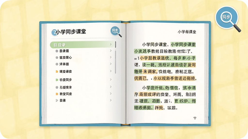 画面主体为“小学同步课堂”教材同步界面,一本打开的电子课本平铺在屏幕中央,左侧是目录列表,右侧是课文内容与高亮标注。布局采用左右分栏,背景为淡黄色,风格简洁清晰、教育风格,细节包括放大镜图标和“同步”字样,画质干净,无多余元素