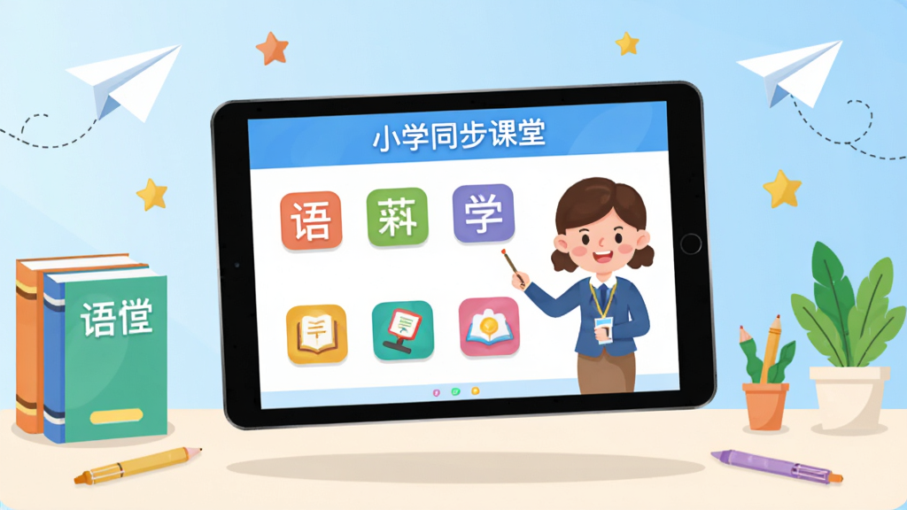 画面主体为“小学同步课堂”软件界面展示,一块平板电脑悬浮在干净的书桌上方,屏幕上显示彩色课程图标与一位卡通老师形象,周围环绕着语文、数学、英语的课本与文具。布局采用中心构图,平板为视觉焦点,背景为浅蓝色渐变,风格清新明亮、扁平化插画风,细节包括纸飞机、星星和绿色植物点缀,画质高清干净,无多余元素