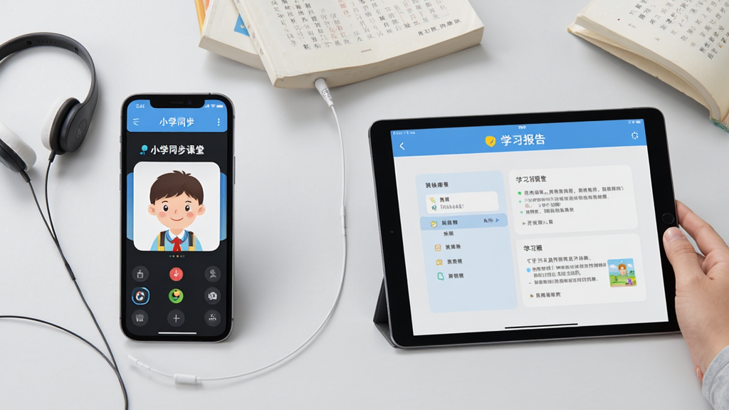 画面主体为“小学同步课堂”在手机和平板上的使用场景,左侧手机显示点读界面,右侧平板显示学习报告。布局为并排对比构图,背景为浅灰色,风格写实摄影风,细节包括耳机和书本,画质干净,无多余元素
