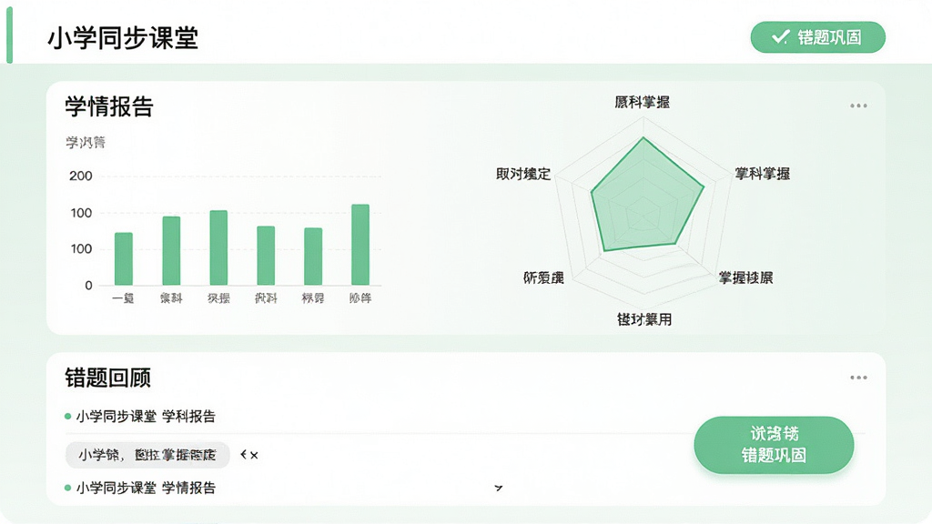 画面主体为“小学同步课堂”学情报告界面,一个雷达图展示各科掌握程度,下方是错题回顾列表。布局为上下结构,背景为白色与浅绿色,风格极简数据风,细节包括柱状图和“错题巩固”按钮,画质清晰干净,无多余元素