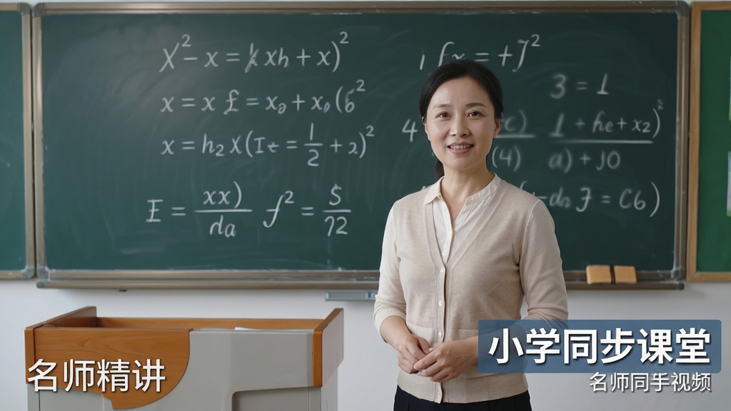 画面主体为“小学同步课堂”名师讲解视频画面,一位和蔼的女老师站在黑板前,黑板上写着数学公式,右下角有课程标题。布局为居中构图,背景为教室风格,风格写实教育风,细节包括讲台和“名师精讲”水印,画质高清干净,无多余元素