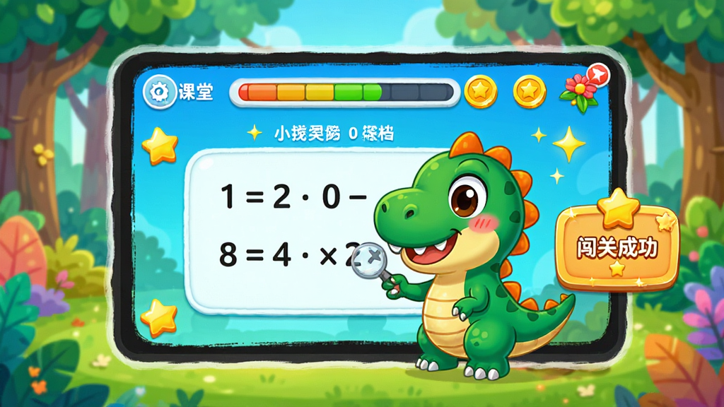 画面主体为“小学同步课堂”趣味互动界面,屏幕中一个卡通小恐龙正在解答数学题,上方有进度条和金币奖励。布局为半包围式,背景是彩色森林,风格卡通动漫风,细节包括闪烁的星星和“闯关成功”弹窗,画质明亮干净,无多余元素