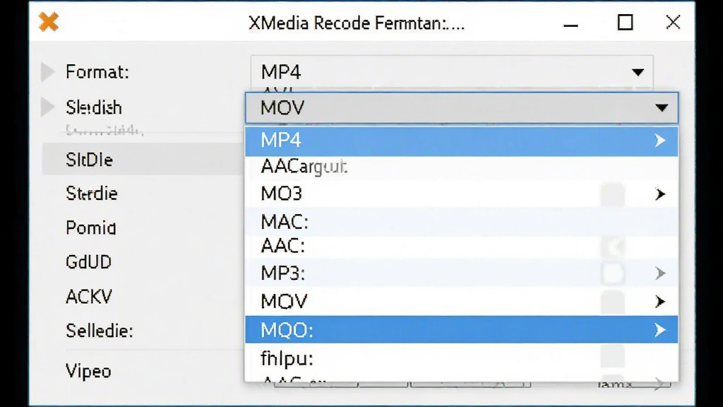 一张XMedia Recode软件格式选择菜单的截图,下拉列表展示了MP4、AVI、MKV、MOV等多种视频格式,以及MP3、AAC等音频格式,界面清晰,选项丰富,突出其万能转换能力,画质干净。