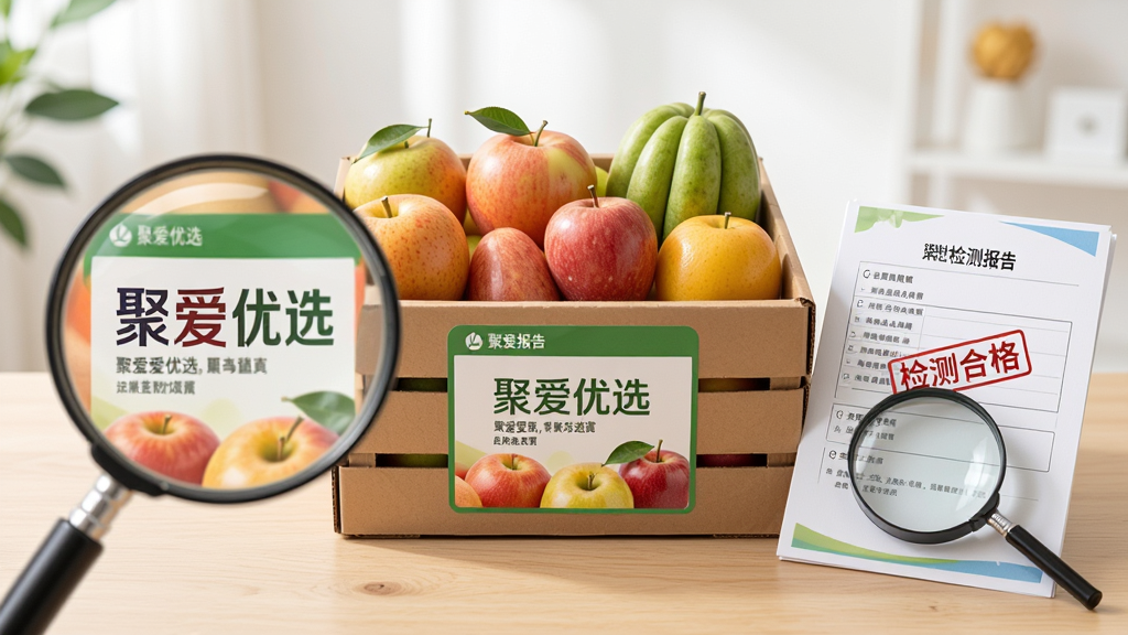 主体:一箱贴有“聚爱优选”标签的新鲜水果,旁边放着检测报告和放大镜;布局:水果箱在画面中央,左侧放大镜聚焦标签,右侧放置报告;排版:简洁明快,背景为浅木色桌面;风格:写实摄影风格,自然光照明;细节:水果色泽鲜艳,标签上“聚爱优选”字样清晰,报告上有“检测合格”字样;画质:高清细腻,干净无多余元素