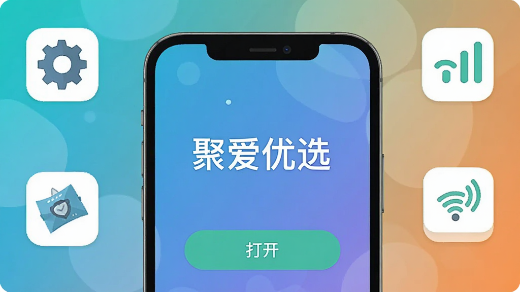 主体:手机屏幕显示“聚爱优选”安装完成界面,周围有设置图标和网络信号图标;布局:手机居中,背景为渐变色;排版:屏幕内文字清晰,图标整齐排列;风格:扁平化插画风;细节:屏幕显示“聚爱优选”字样,下方有“打开”按钮;画质:高清,干净无多余元素