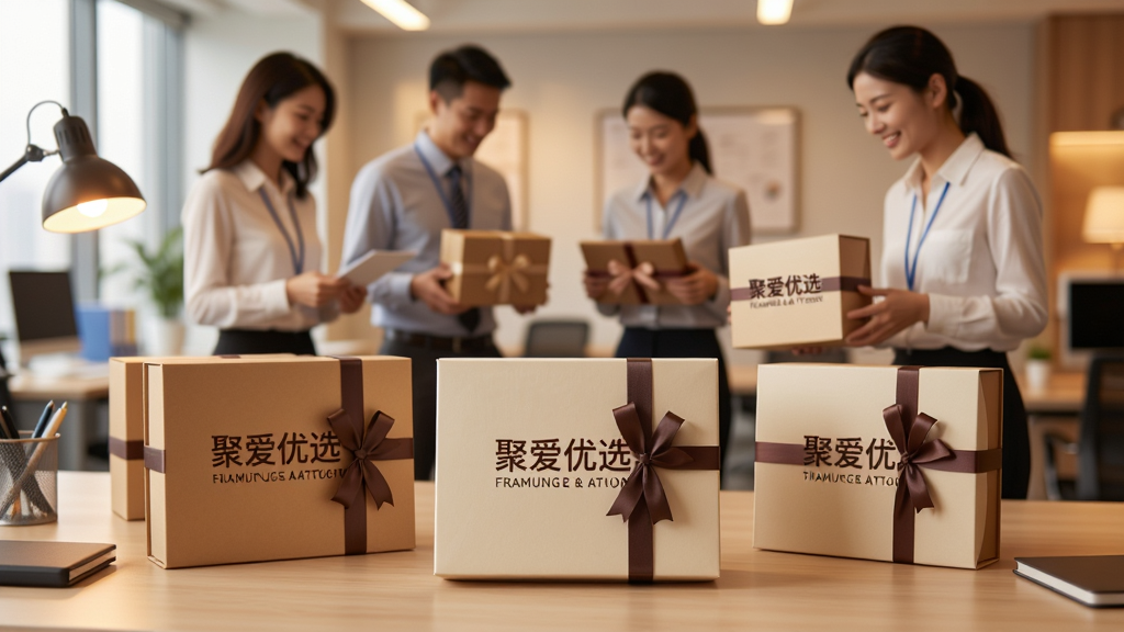 主体:企业办公桌上摆放着多盒带有“聚爱优选”标志的礼盒,几位员工正在挑选;布局:场景横向构图,礼盒在画面下方,员工位于后方;排版:前景礼盒清晰,背景办公室环境虚化;风格:写实商务风格,暖色调灯光;细节:礼盒上印有“聚爱优选”字样,员工笑容自然;画质:高清,干净无多余元素