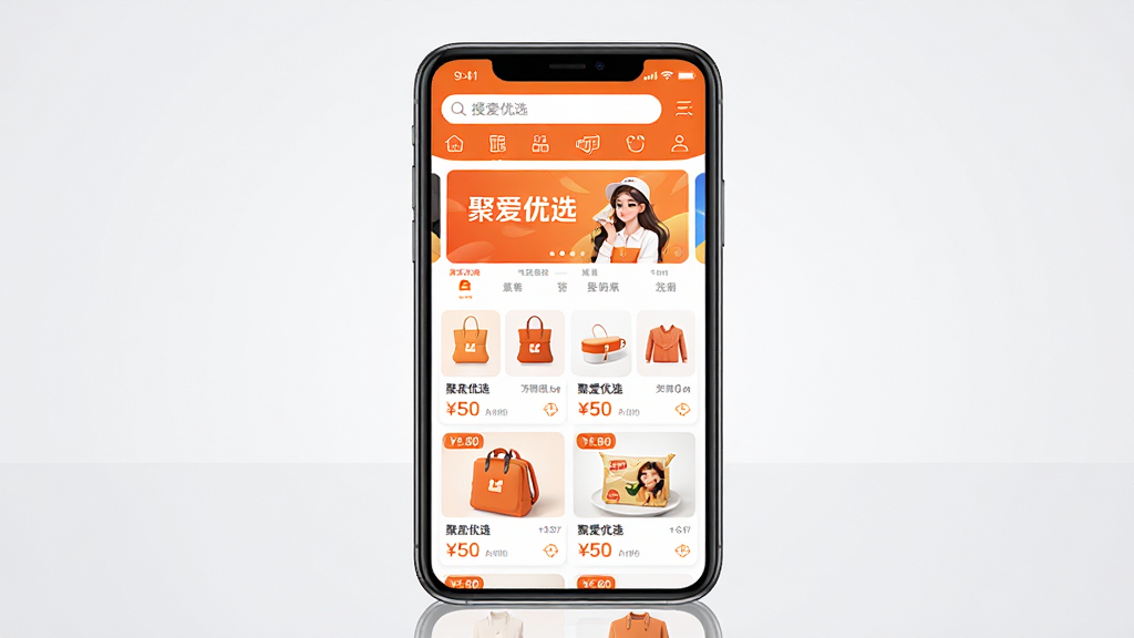 主体:聚爱优选APP界面,展示手机屏幕上的购物商城首页,包含商品分类图标、轮播横幅和“聚爱优选”品牌标识;布局:手机居中竖屏展示,背景为浅灰色渐变,四周留白;排版:屏幕内商品卡片整齐排列,上方搜索栏和导航栏清晰可见;风格:现代扁平化设计,色彩明亮清新,以橙色和白色为主色调;细节:屏幕中显示“聚爱优选”字样,商品图片清晰,价格标签醒目;画质:高清渲染,干净无多余元素