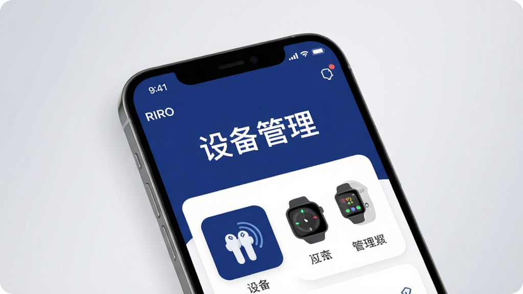 主体为一部亮屏的智能手机,屏幕中央显示RIRO应用的主界面,界面以深蓝色与白色为主色调,布局清晰,上方有“设备管理”大标题,下方排列着蓝牙耳机、智能手表等设备图标。整体风格现代简约,扁平化设计,背景为浅灰色渐变,光线柔和,画质高清,干净无多余元素。