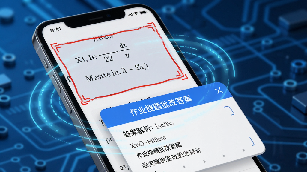 展示“作业搜题批改答案”的AI搜题功能,手机屏幕显示一道数学题被红框框选,下方弹出答案解析窗口,周围有扫描动画线条,背景为科技感蓝色调,画面主体是手机和题目,文字清晰可见,风格写实,画质高清,无多余元素