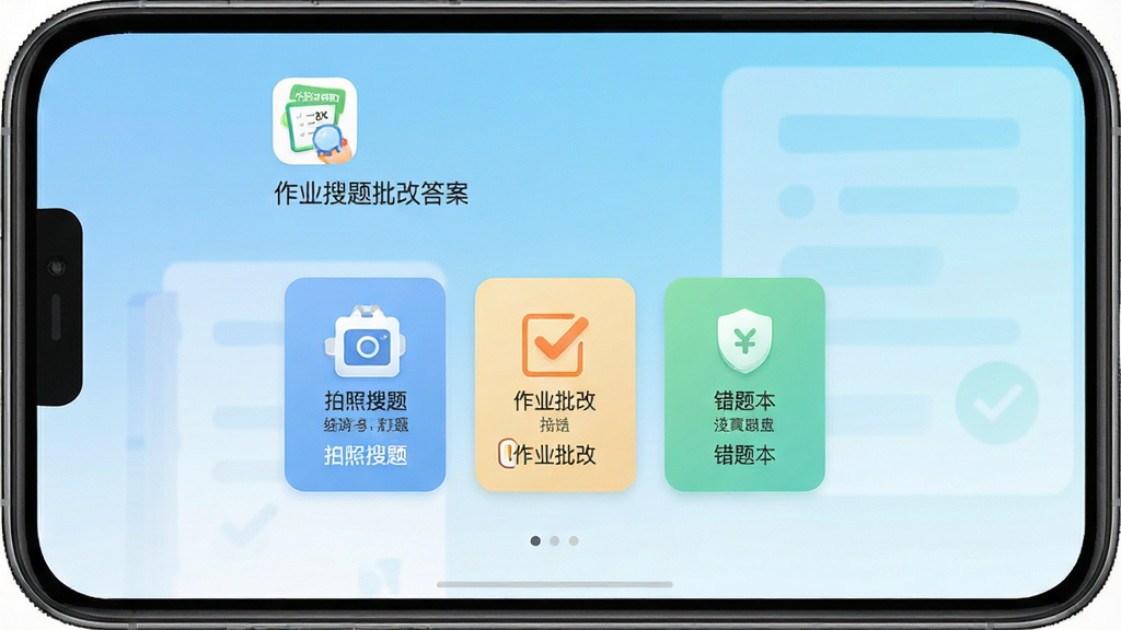 一张展示“作业搜题批改答案”软件主界面的高清截图,手机屏幕占据画面中心,界面显示拍照搜题、作业批改、错题本三个核心功能按钮,背景为浅蓝色渐变,整体风格简洁明亮,APP图标位于屏幕左上角,下方配有一行文字“作业搜题批改答案”,画面干净无多余元素,画质清晰,细节丰富