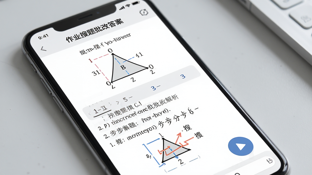 展示“作业搜题批改答案”的答案解析界面,手机屏幕上显示一道几何题,下方是分步解析文字和图形标注,旁边有一个播放按钮,背景为浅灰色桌面,整体风格简洁专业,文字清晰,画质细腻,无多余元素