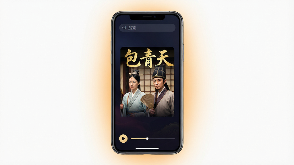 主体:手机屏幕展示“包晴天”应用界面,界面中显示古装剧《包青天》的剧照封面,背景为深色渐变。布局:手机居中,屏幕内容清晰可见,周围有柔和的暖色光晕。排版:界面简洁,底部有播放按钮和进度条,上方有搜索栏。风格:现代科技感与古典元素融合,色彩鲜明。细节:屏幕中“包晴天”三个字以金色书法字体呈现,画质高清,干净无多余元素。