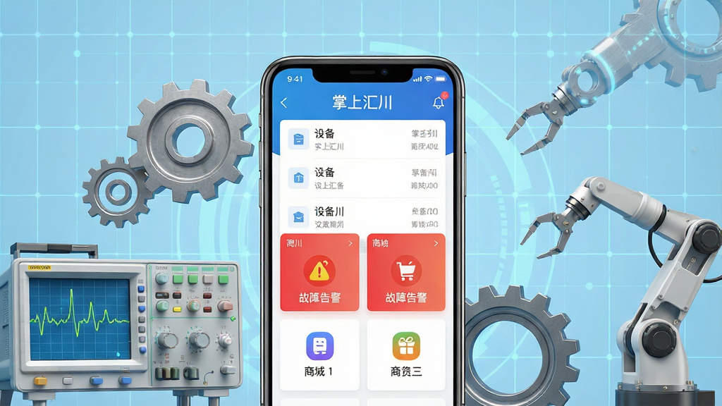 一幅现代工业风格的主视觉图,画面中央是一部亮屏的智能手机,屏幕清晰显示“掌上汇川”APP主界面,包含设备列表、故障告警、商城图标等模块。手机周围环绕着齿轮、示波器波形、机械臂等工业元素,背景为浅蓝色科技网格,整体布局平衡,风格简洁明快,细节丰富,画质高清,干净无多余杂物。