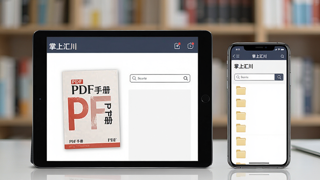 一幅展示电子文档阅读场景的图片,平板电脑和手机并排摆放,屏幕上显示“掌上汇川”的资料库界面,包含PDF手册封面、搜索框、文件夹分类。背景为书架虚化效果,主体突出,光线柔和,排版整齐,风格专业,画质清晰,无杂乱元素。