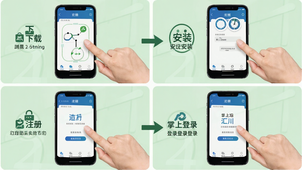 一张手机操作步骤示意图,画面分为四个小图,依次展示下载、安装、注册、登录掌上汇川的流程。每张图都有箭头指示,背景为浅绿色,人物手指点击屏幕,风格简洁明了,细节清晰,画质干净,无多余元素。