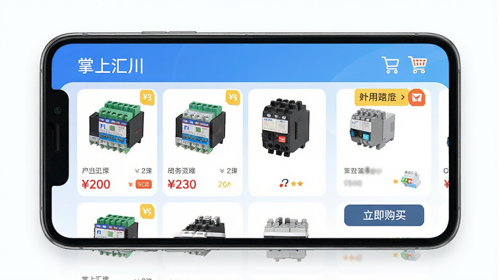 一张移动端购物界面的设计图,手机屏幕显示“掌上汇川”服务商城页面,有商品列表、价格标签、购物车图标和“立即购买”按钮。背景为简约的蓝色渐变,商品图片为PLC模块和变频器,布局清晰,色彩明快,细节到位,画质干净,无多余元素。