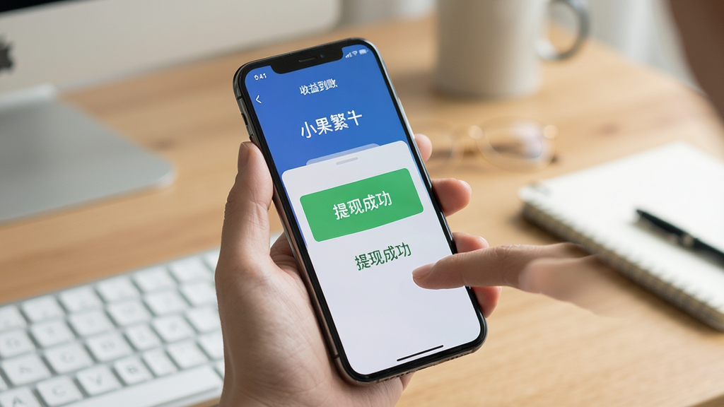 主体:小果繁星手机使用场景,一只手拿着手机操作,屏幕上显示收益到账页面,布局:手部特写,背景为书桌,排版:自然和谐,风格:写实,细节:手机屏幕上有“提现成功”字样,画质:高清,干净,无多余元素