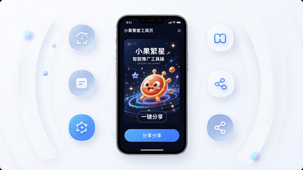 主体:小果繁星智能推广工具操作页面,手机屏幕显示推广海报生成和分享按钮,布局:功能图标环绕中央手机,排版:层次分明,风格:科技感,细节:带有“一键分享”字样,画质:高清,干净,无多余元素