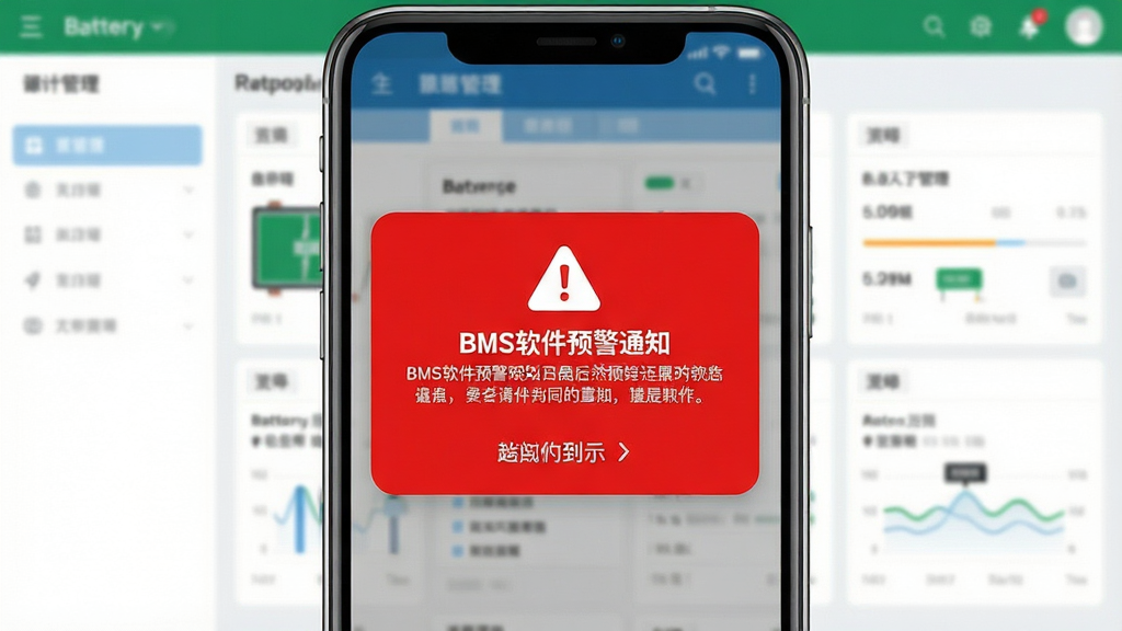 一张BMS软件预警通知的示意图,主体为手机弹出的红色警告弹窗,背景是电池管理主界面,布局居中,排版醒目,风格简洁,细节包含警告图标和文字提示,画质干净无多余元素