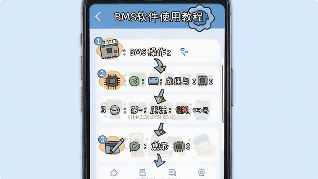 一张BMS软件使用教程的截图,主体为手机屏幕显示操作步骤列表,背景为淡蓝色,布局为步骤流程图,排版简洁明了,风格卡通,细节包含每一步的序号图标,画质干净无多余元素