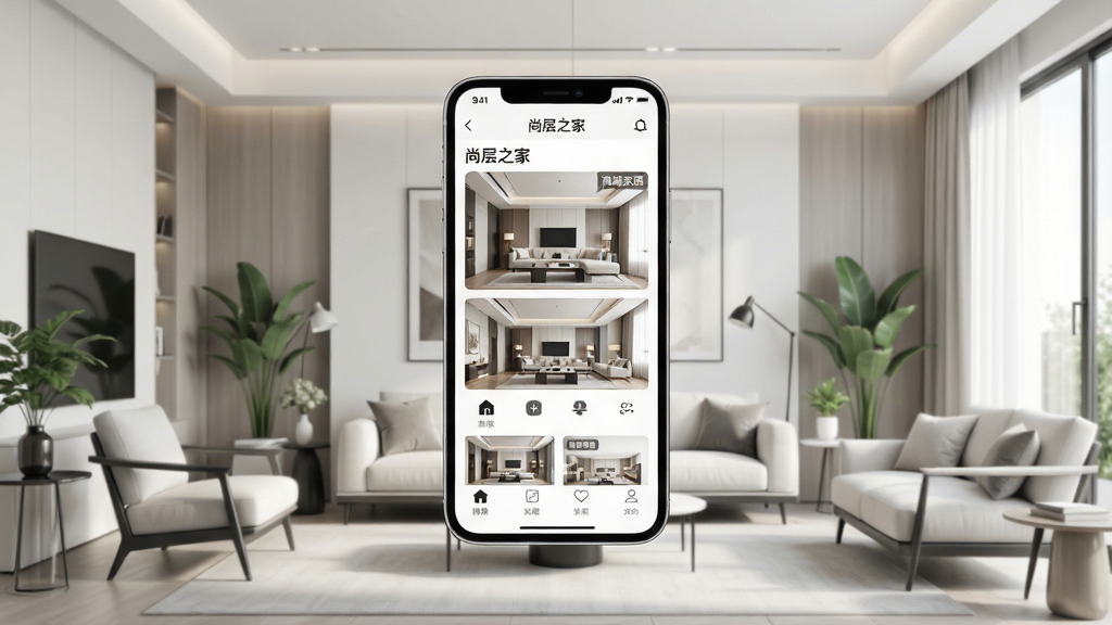 画面主体为一款名为“尚层之家”的智能手机应用界面,悬浮于现代简约风格的客厅中央。布局上,手机屏幕占据视觉重心,四周环绕着精致的家具与绿植。排版干净利落,界面内展示着高清的家居设计案例缩略图与功能图标。风格为现代科技感与生活美学的结合,光影通透。细节上,屏幕中隐约可见“尚层之家”字样及“高端家居”标签。画质高清,画面干净,无多余元素。