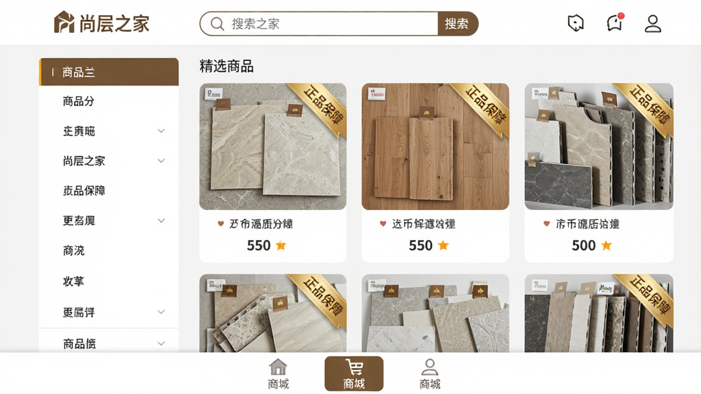 画面主体为“尚层之家”商城主页面,采用左右分栏布局。左侧为商品分类导航栏,右侧为精选商品卡片,卡片上清晰展示着瓷砖、木地板等样品图,并带有“正品保障”金色标签。整体排版规整,风格明亮干净,商业摄影质感。细节上,顶部搜索栏旁有“尚层之家”字样,底部导航栏高亮显示“商城”图标。画质清晰,画面干净,无多余元素。