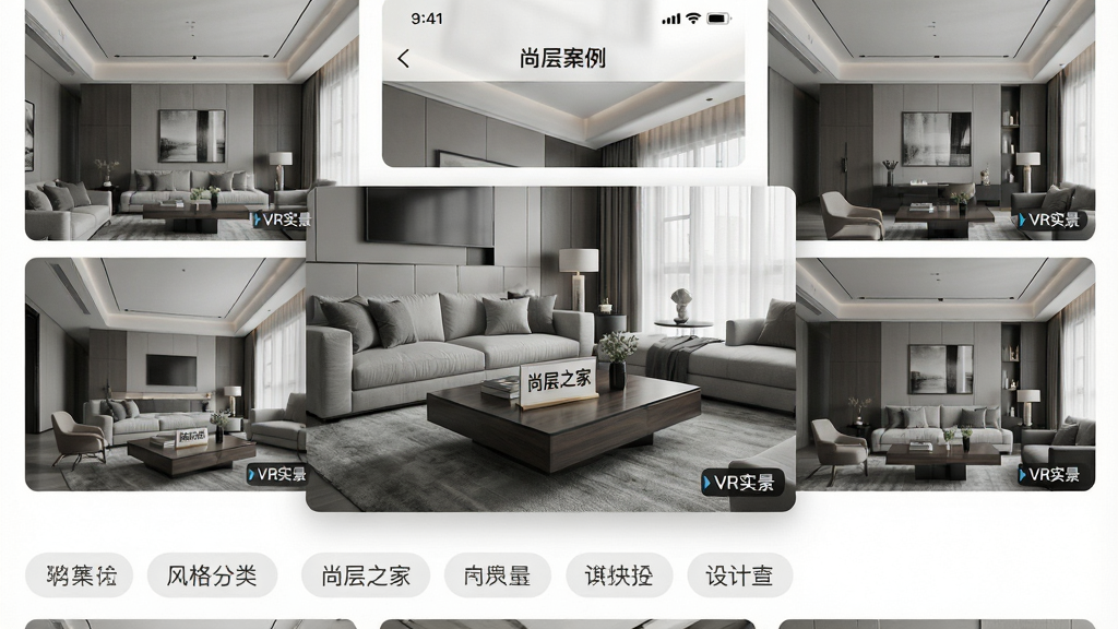 图片主体为“尚层之家”应用内“设计案例”频道的横屏预览界面。布局上,上方为精选案例的瀑布流大图,下方排列着风格分类标签。排版清晰,每张案例图右下角带有“VR实景”小图标。风格为高端杂志风,色调柔和高级灰。细节上,一张展开的现代客厅案例图被放大突出,茶几上摆放着“尚层之家”的标识牌。画质细腻,画面干净,无多余元素。
