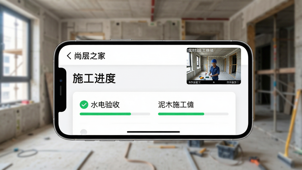 图片主体为一部智能手机横屏显示“尚层之家”的“施工进度”页面,背景为虚化的室内装修工地。布局上,手机位于画面中心,屏幕内容清晰可见,有“水电验收”绿色对勾和“泥木施工”进度条。排版为手机产品图风格,风格写实,光线自然。细节上,手机屏幕顶部有“尚层之家”字样,旁边显示着实时监工摄像头画面。画质清晰,画面干净,无多余元素。