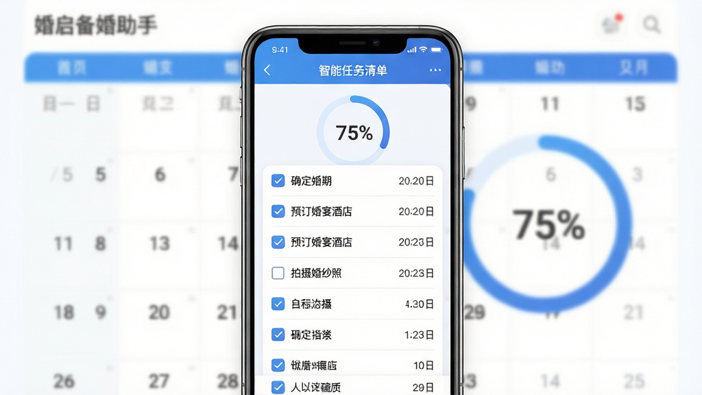 主体:婚启备婚助手应用界面,显示智能任务清单和进度环,背景是婚礼日历。布局:界面居中,手机屏幕占据画面主体,四周留白。排版:任务清单以列表形式排列,每项带有复选框和日期,顶部有进度百分比。风格:简洁现代的扁平化设计,蓝色和白色为主色调。细节:任务包括“确定婚期”、“预订婚宴酒店”、“拍摄婚纱照”等,进度环显示75%。画质:高清,干净,无多余元素。