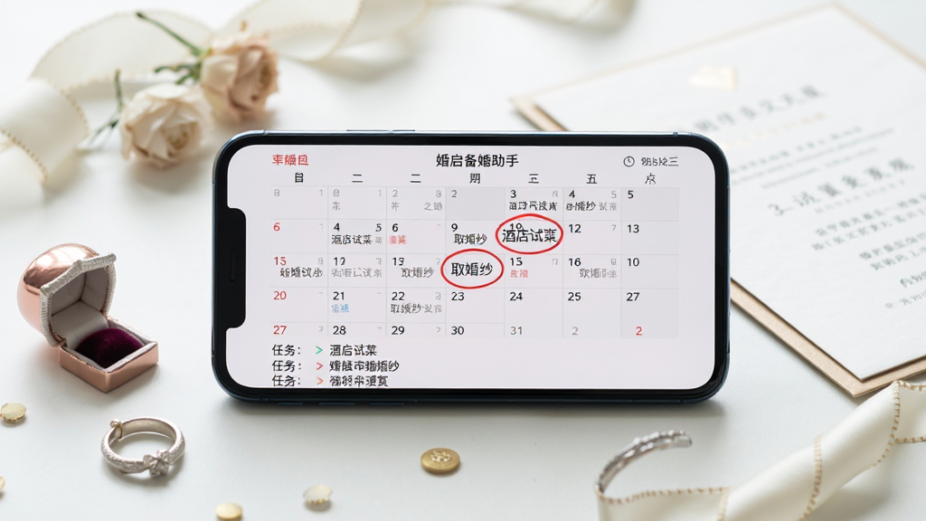 主体:一部手机横屏显示婚启备婚助手的日历视图,周围有婚礼装饰品如戒指、请柬。布局:手机居中,左右两侧摆放小道具。排版:日历上标有红色圆圈提醒,下方有任务列表。风格:真实摄影风格,浅景深,自然光。细节:日历上显示“酒店试菜”、“取婚纱”等备注。画质:高清,干净,无多余元素。