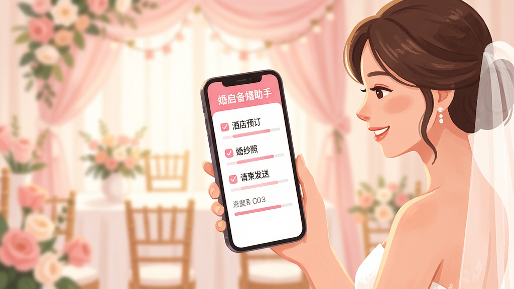 主体:一位新娘在手机前使用婚启备婚助手,手机屏幕显示清晰的备婚清单和进度条,背景是温馨的婚礼现场布置。布局:手机位于画面中央偏右,新娘侧身微笑,背景虚化。排版:手机屏幕上的应用界面清晰可见,显示“婚启备婚助手”字样。风格:温暖明亮的插画风格,光线柔和,色彩以粉色和白色为主。细节:清单上有“酒店预订”、“婚纱照”、“请柬发送”等条目,部分打勾。画质:高清,干净,无多余元素。