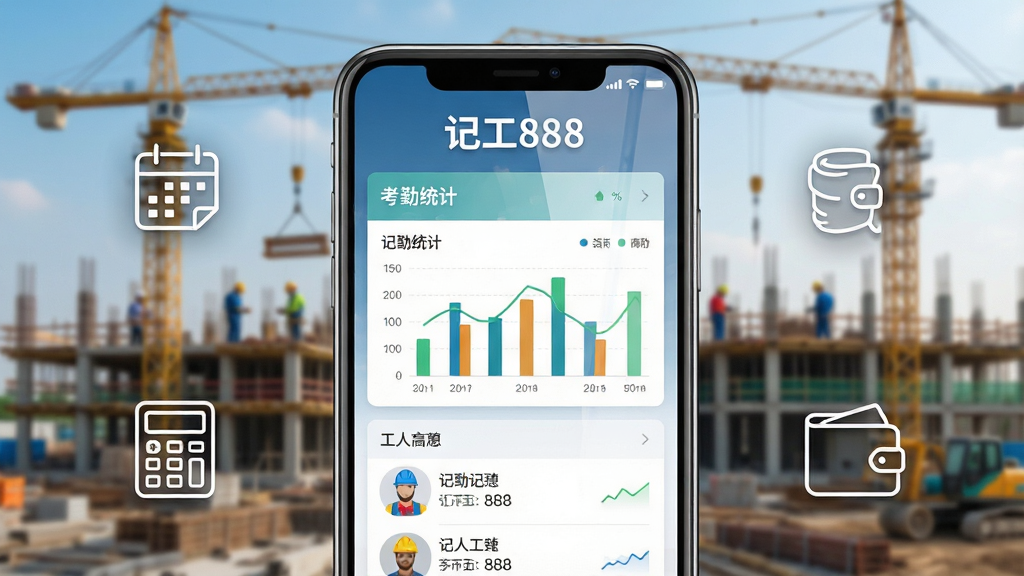 主体:一部智能手机屏幕显示记工888主界面,界面中有清晰的考勤统计图表和工人列表,背景是模糊的工地场景。布局:手机居中,周围有简洁的线条图标如日历、计算器、钱包。排版:界面图标排列整齐,上方有“记工888”品牌字样。风格:写实与现代简约结合,色彩明亮。细节:图表数据清晰,手机屏幕反光自然,背景工地塔吊轮廓可见。画质:超清,干净,无多余元素。