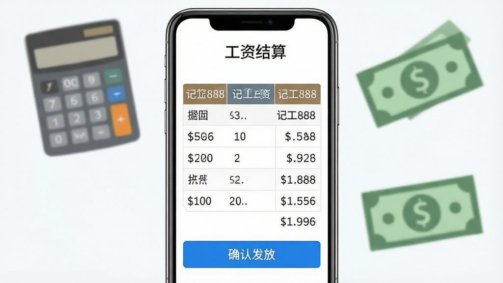 主体:手机屏幕显示工资结算页面,含工人工资明细表格和“确认发放”按钮。布局:表格居中,背景有计算器和现金图标。排版:数字采用等宽字体,表头背景色突出。风格:简约商务风格。细节:工资条项目含“记工888”标识,金额数字清晰,按钮为蓝色。画质:超清,干净,无多余元素。