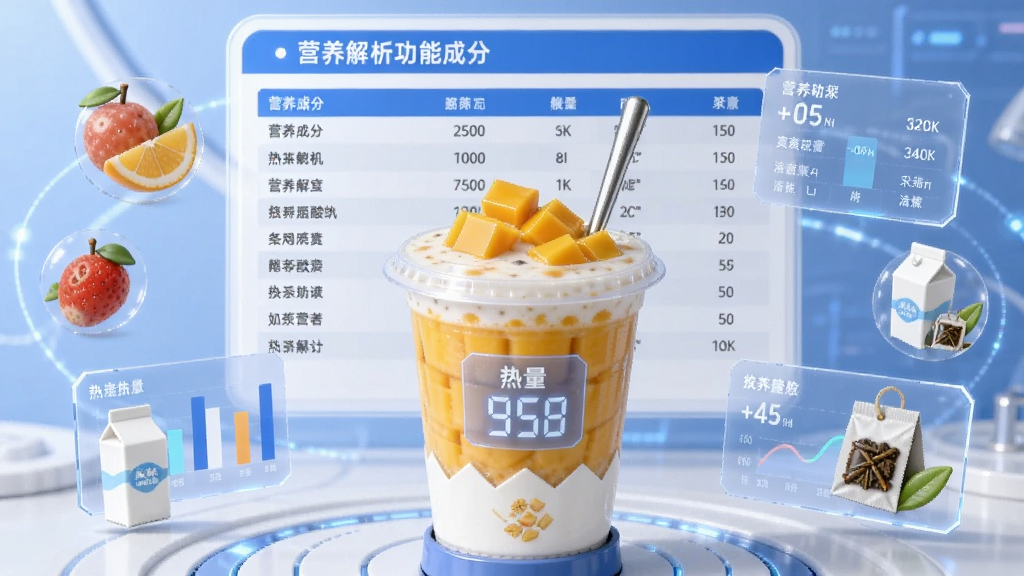 奶茶制作机营养解析功能展示,画面背景为一份详细的营养成分表,前景是一杯标注了热量数值的芒果酸奶昔,图表周围有水果、牛奶、茶包的3D小图标环绕,通过半透明的数据面板展示各项指标,整体风格科技感与现代感结合,蓝白配色,画质清晰,干净无多余元素