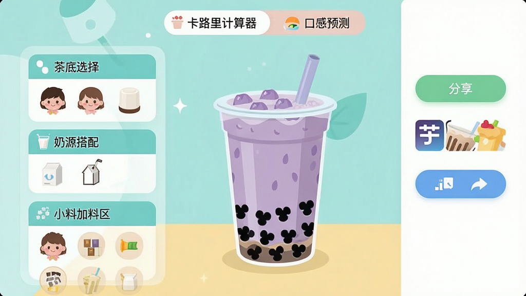 奶茶制作机配方创作界面截图,屏幕中央展示一杯自定义的紫色芋泥波波奶茶,左侧列表显示“茶底选择”、“奶源搭配”、“小料加料区”等选项,顶部有“卡路里计算器”和“口感预测”标签,右侧则是分享到社交平台的按钮,界面设计简洁明快,扁平化风格,色彩清新,画质高清,干净无多余元素