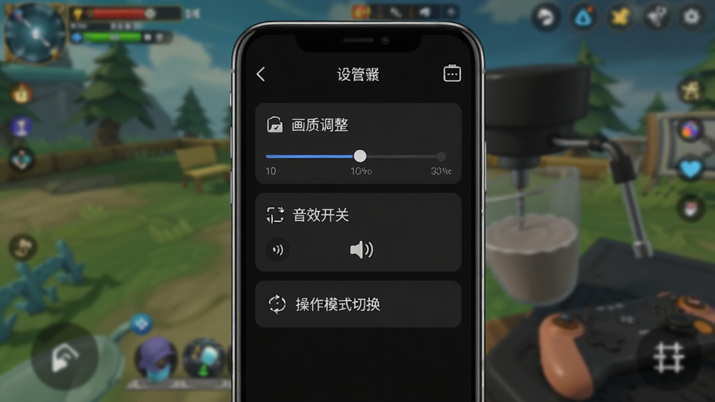 奶茶制作机操作设置界面截图,画面展示手机屏幕上的设置菜单,包含“画质调整”、“音效开关”、“操作模式切换”等选项,背景为模糊处理的游戏画面,整体风格简洁明了,功能标签清晰可见,采用暗色模式UI,画质高清,干净无多余元素