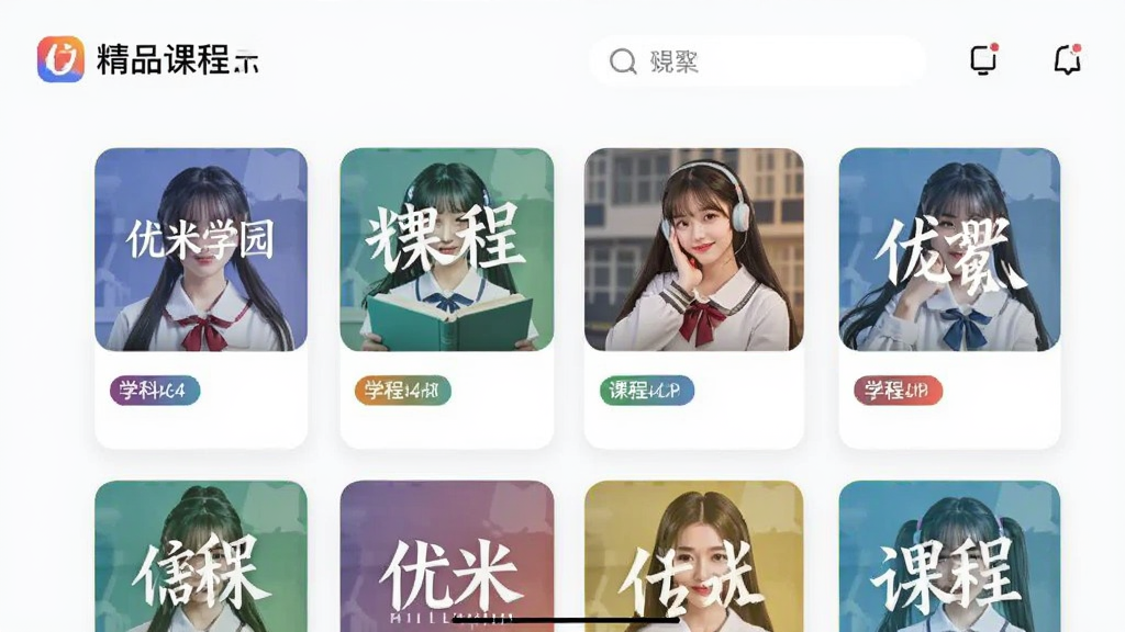 优米学园app精品课程展示页面,多门课程封面以卡片式排列,包含学科分类标签,界面整洁,色彩协调,高清画质
