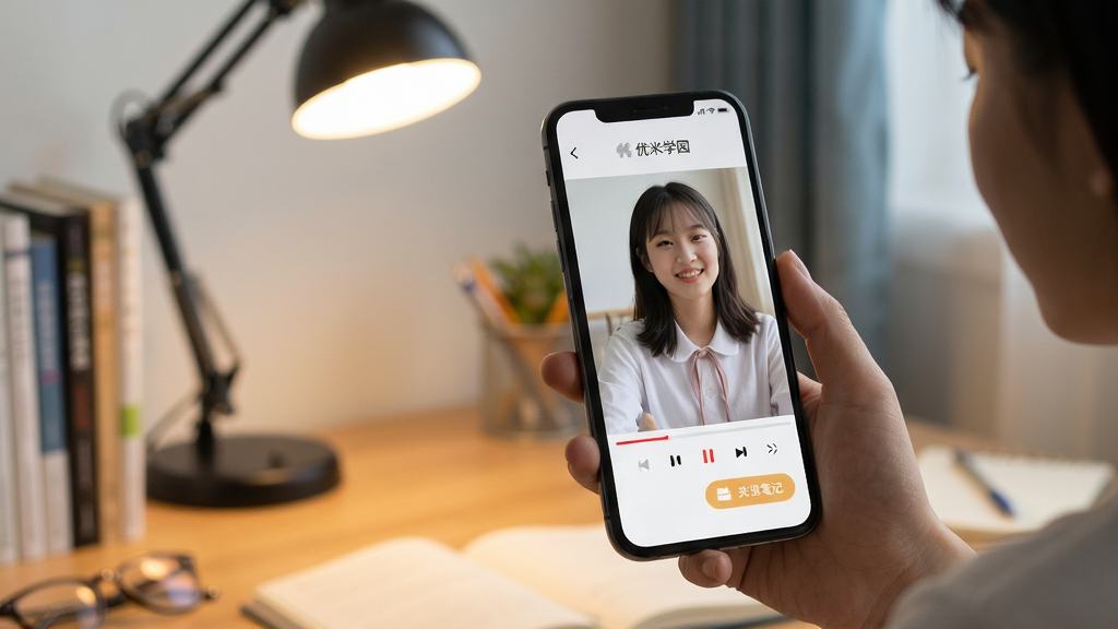 优米学园app使用场景图,用户手持手机观看课程视频,界面显示播放控制条与笔记按钮,背景为书桌与台灯,风格写实自然,画质清晰