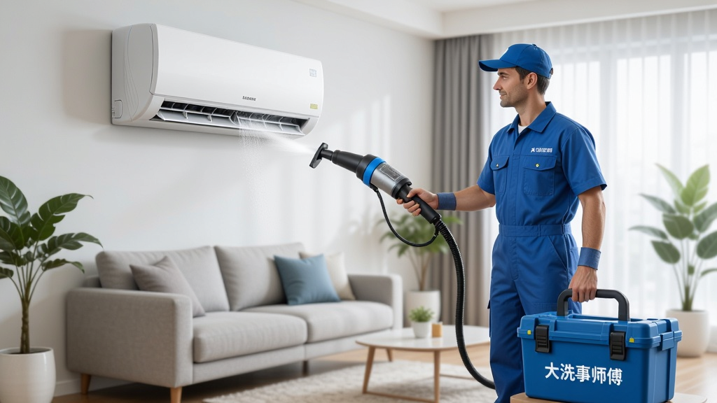 一张展示现代家庭客厅场景的图片,一位穿着统一蓝色制服的清洁师傅正使用专业蒸汽设备清洗一台壁挂式空调,师傅身旁放着印有