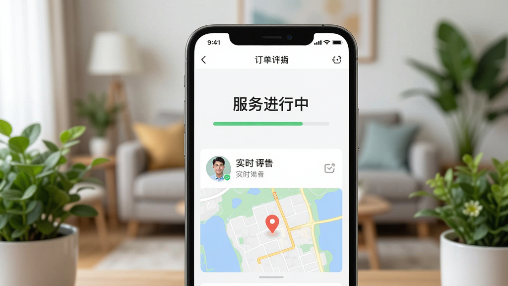 一张展示用户在大洗事师傅APP上查看订单进度的截图,手机屏幕中央显示“服务进行中”状态,下方有师傅头像和实时位置地图,背景为模糊的客厅环境,画面以手机为主体,周围有绿色植物装饰,整体风格清新自然,画质清晰,突出APP界面信息,无多余元素
