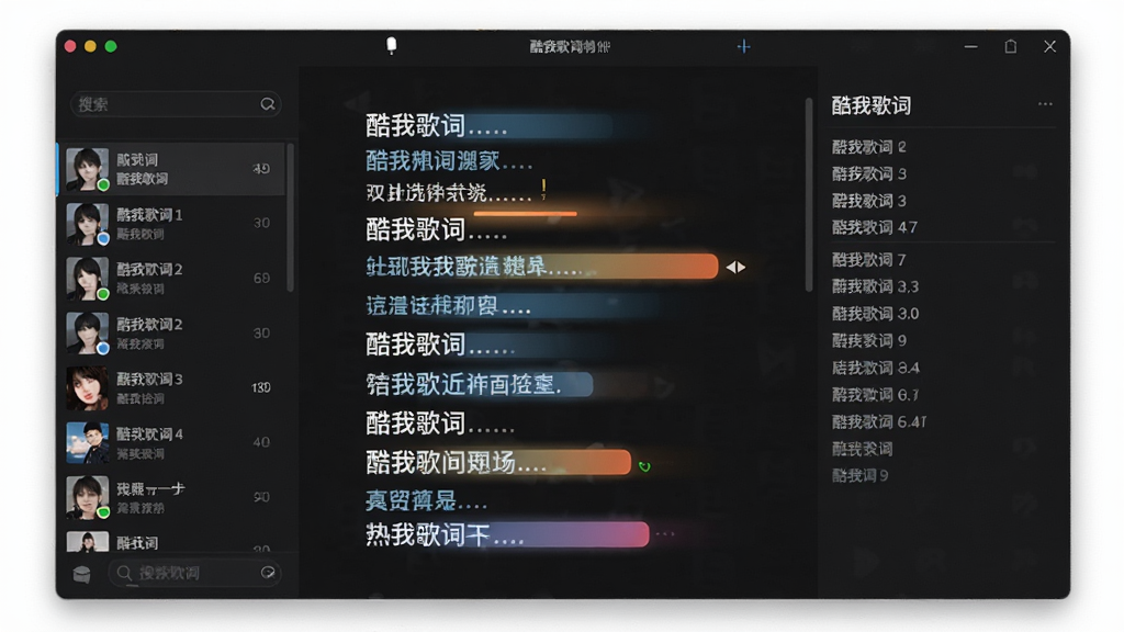 图片展示酷我歌词软件主界面,主体为深色背景的歌词桌面悬浮窗,歌词逐行高亮显示,布局居中,左侧有歌曲列表和搜索框,右侧为歌词详情,整体风格简约现代,细节包括歌词字体清晰,高亮行有渐变光效,画质干净无多余元素,文字标注“酷我歌词”