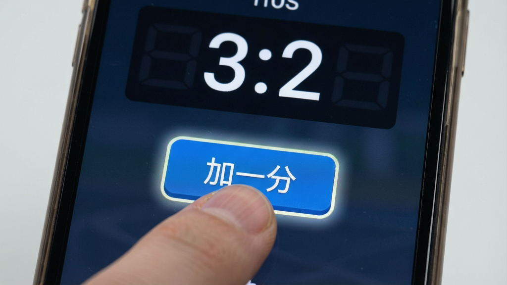 主体:标准计分器软件在手机上的操作演示,手指点击“加一分”按钮。布局:手机屏幕特写,手指位于屏幕下方。排版:突出手指点击动作,屏幕显示比分变化。风格:写实摄影感。细节:屏幕显示比分“3:2”,按钮高亮。画质:清晰,干净,无多余元素。