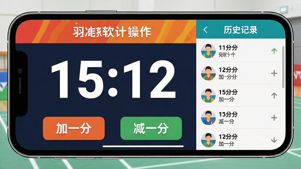 主体:标准计分器软件运行界面,显示羽毛球比赛计分,比分“15:12”。布局:手机横屏展示,左侧为计分操作区,右侧为历史记录。排版:界面分区明确,色彩对比鲜明。风格:扁平化设计,色彩明快。细节:比分数字加大加粗,按钮上有“加一分”、“减一分”文字。画质:清晰,整洁,无多余元素。