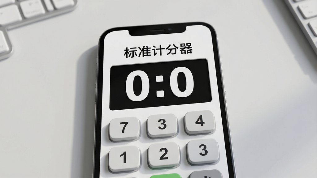 主体:标准计分器软件界面展示,手机屏幕显示清晰的计分面板,带有数字按钮和比分显示。布局:手机居中,界面简洁,背景为浅灰色桌面。排版:手机屏幕占画面主要位置,周围留白。风格:写实3D渲染,光影自然。细节:屏幕内显示“标准计分器”字样,数字“0:0”清晰可见,按钮有立体感。画质:高清,干净,无多余元素。