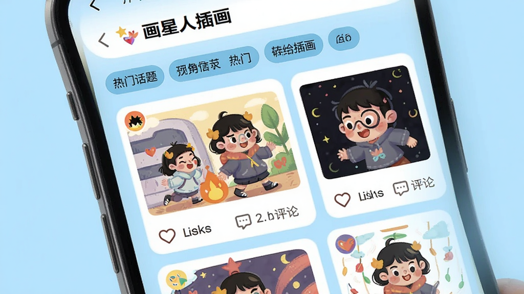 手机屏幕显示“画星人插画”的社区页面,页面顶部有热门话题标签,下方是用户上传的插画作品卡片,每张卡片上都有点赞和评论图标,背景为浅蓝色,整体风格活泼,画面干净,高清,无多余元素