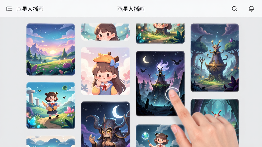 展示“画星人插画”的灵感图库界面,屏幕上以瀑布流形式排列着多张精美插画,有唯美风景、可爱人物、奇幻场景等,用户手指正在滑动浏览,背景为浅灰色,界面简洁,图片色彩鲜艳,整体画面干净,高清,无多余元素