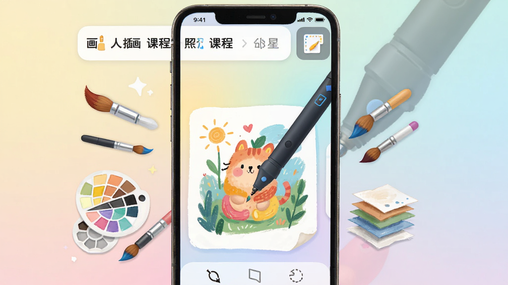 画面中央展示一款名为“画星人插画”的手机应用界面,界面顶部有课程列表和画板图标,中部是一支正在绘制彩色插画的电子笔,周围环绕着各种画笔、色板、图层等绘画工具元素,背景为淡雅的渐变色,整体风格清新明亮,扁平化设计,高清画质,干净无多余元素