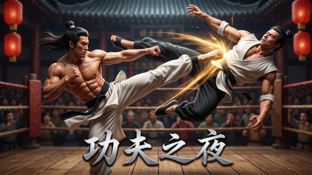 画面展示两位武术家在古风擂台上激烈对决,其中一方正施展连续技将对手击飞至半空,拳脚残影与金色气效交织。人物动作夸张有力,肌肉线条清晰,衣物飘动具有动态感。背景是木制擂台与红色灯笼,观众席模糊。整体风格写实且富有冲击力,光影锐利,画质细腻干净,无多余元素。文字“功夫之夜”以银色草书体印在画面底部。