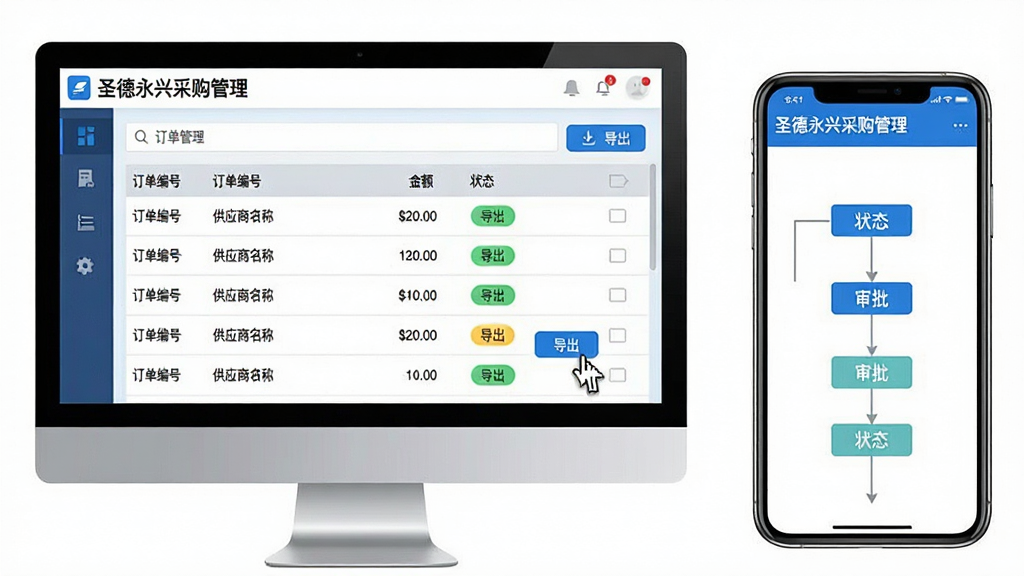 主体:电脑与手机并排展示“圣德永兴采购管理”的订单管理界面,屏幕上显示订单列表和审批流程图。布局:左侧为电脑屏幕,右侧为手机屏幕,形成对比。排版:订单列表以表格形式展示,状态标签用不同颜色区分。风格:商务科技感,蓝白灰配色。细节:订单编号、供应商名称、金额、状态等字段清晰,鼠标指针指向“导出”按钮。画质:清晰锐利,干净无多余元素